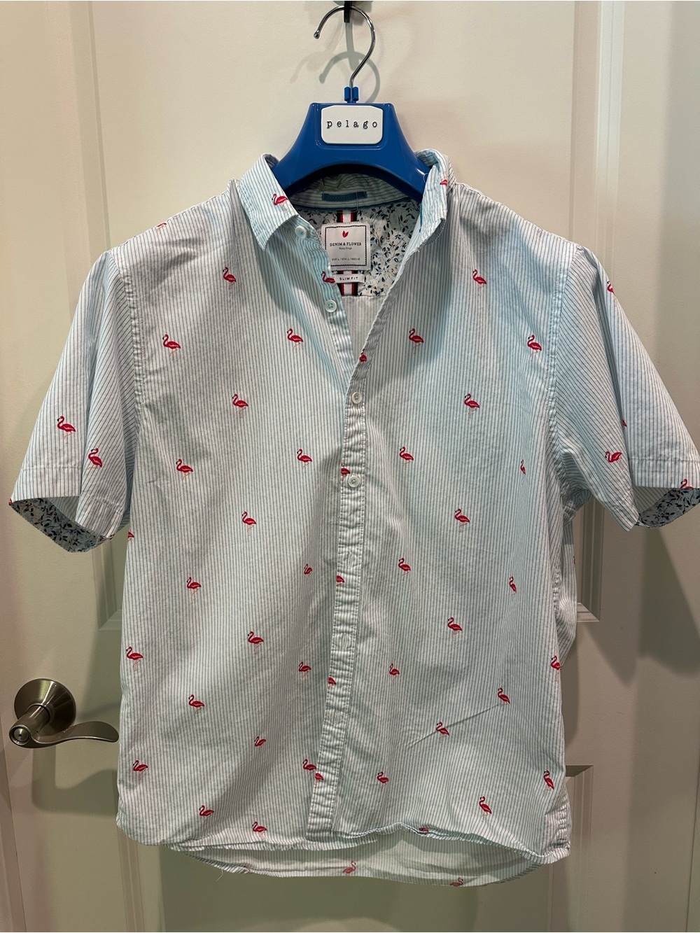 Light Blue Stripe Button-Down Shirt with Red Flamingo prints